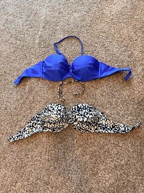 H&M Royal Blue and Black Cream Print Bandeau Bikini Tops